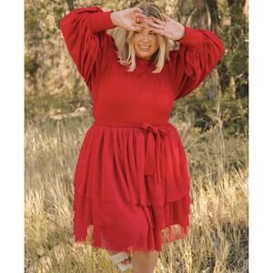 Ivy City Co Cosette Knit Long Balloon Sleeve Tiered Tulle Short Dress Red 4X